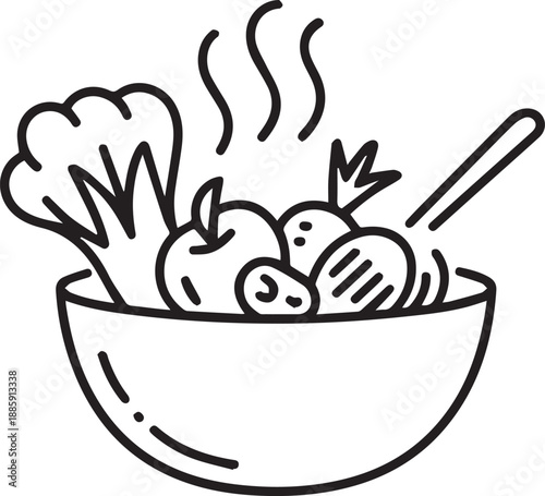 Steaming vegetables and eggs in a bowl illustration