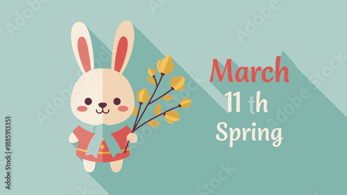 Cute Cartoon Rabbit Holding Flowers Spring.