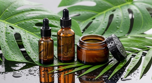 Natural skincare products on green leaves