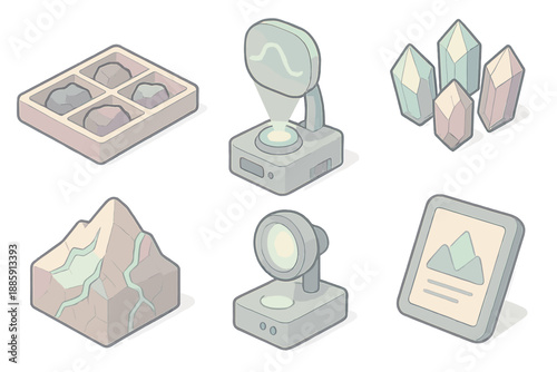 Mountain Core Lab Icons. Isometric vector illustration set Mountain Core Laboratory: rock specimen trays, energy resonance scanner