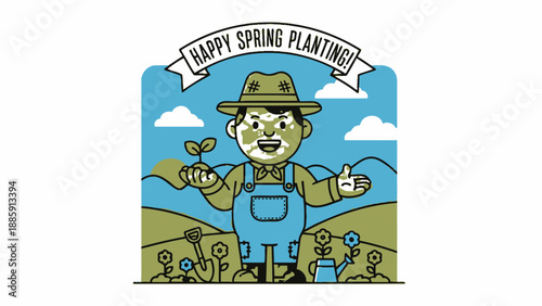 Farmer in Overalls and Hat Planting Seeds.