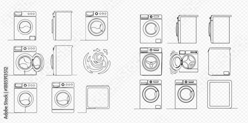 Washing machine line art vector set with front and side views, open and closed doors, and water splash icons.