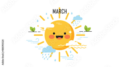 Happy Cartoon Sun Character with Smile.