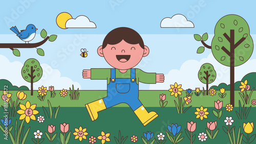 Happy Child Running in Flower Field.