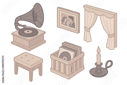 Monochrome Melody Room. Isometric vector illustration set Monochrome Melody Room: black-and-white gramophone, piano bench, framed