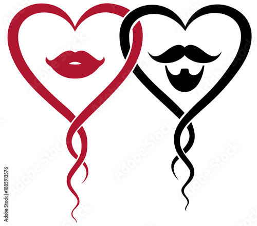 Vector illustration of romantic couple concept for Valentine's Day or anniversary Stylized male and female love symbols in red and black heart shapes