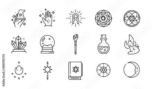 Magic UI icons vector pack with thin editable stroke for fantasy games spells and mystical interfaces