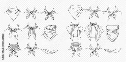Set of hand-drawn bandana and scarf knot styles, fashion accessory, neckwear, headwear, textile, clothing.