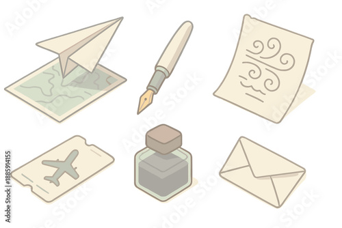 Nostalgic Travel Icons. Isometric vector illustration set of Nostalgic Flight Set: paper airplane over map, hand-drawn wind chart,