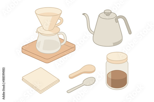 Minimal Coffee Ceremony. Isometric vector illustration set of Minimal Coffee Ceremony: ceramic pour-over cone, wooden tray, folded