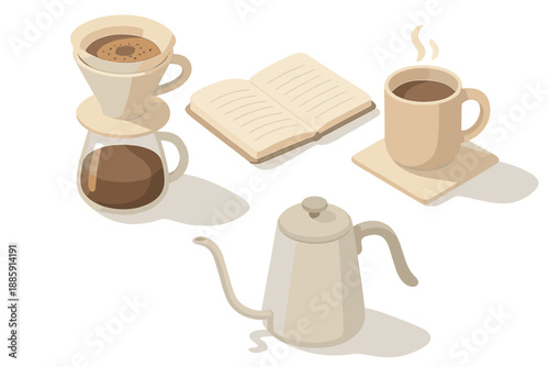 Meditative Coffee Morning. Isometric vector illustration set of Meditative Morning Coffee: ceramic dripper with bloom flow, open