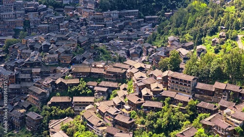High angle view of traditional wooden houses in Xijiang Qianhu Miao Village, Guizhou, China.