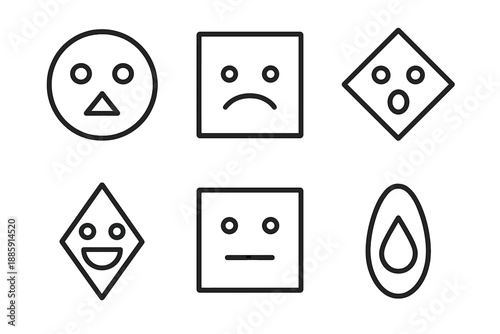 Geometric Emotion Icons. Line style circular vector icons of emotional geometry: circle eyes triangle mouth smile, square frown,