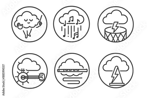 Cloud Orchestra Icons. Line style circular vector icons of cloud orchestra: floating cloud conductor, raining music bars, rolling