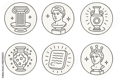 Digital Antiquity Icons. Line style circular vector icons of digital antiquity: holographic columns, marble head projection, neon