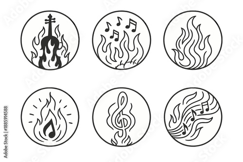 Melodic Flame Icons. Line style circular vector icons of melodic flame: burning violin silhouette, flying birds with notes,