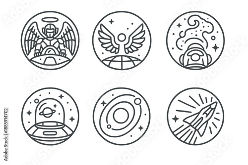 Futuristic Pantheon Icons. Line style circular vector icons of futuristic pantheon: robotic angel piloting starship, holographic