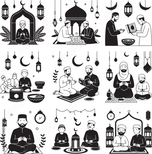 Ramadan kareem illustrations depicting islamic traditions family gatherings and religious practices in monochrome