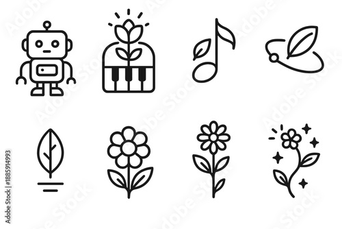 Botanical Melody Icons. Line style icons of Botanical Melody: robot, glowing flower piano, floating note, orbiting petal,