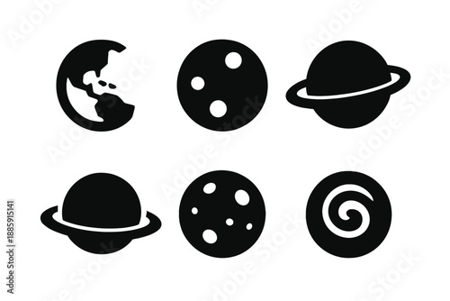 Solid Planet Icons. Solid style icons of planets and moons in : Earth crescent, Mars crater, Jupiter ring, Saturn ringed, Moon