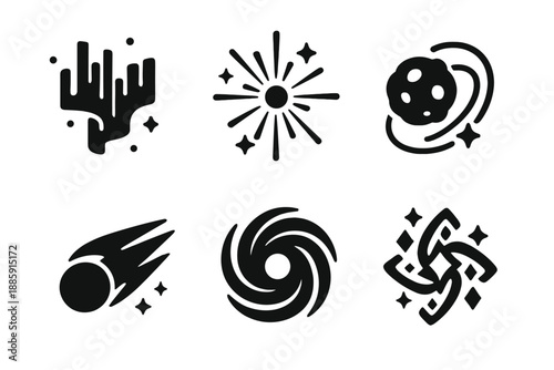 Cosmic Phenomena Icons. Solid style icons of cosmic phenomena in : glowing aurora, sparkling supernova, orbiting meteor, radiant