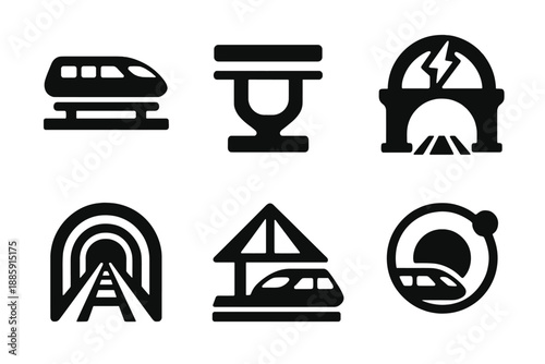 Futuristic Railway Icons. Solid style icons of futuristic railways in : hover train, magnetic track, energy bridge, light tunnel,