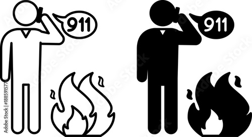 Call the Fire Brigade Icons. Black and White Vector Illustrations. Man Calling the Fire Department on a Mobile Phone. Emergency, Fire. Firefighter Concept