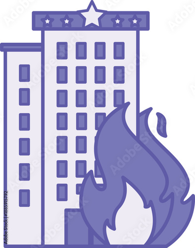 Colored Building Fire Icon. Vector Illustration. Five-Star Hotel Engulfed in Flames. Emergency Situation. Firefighter Concept