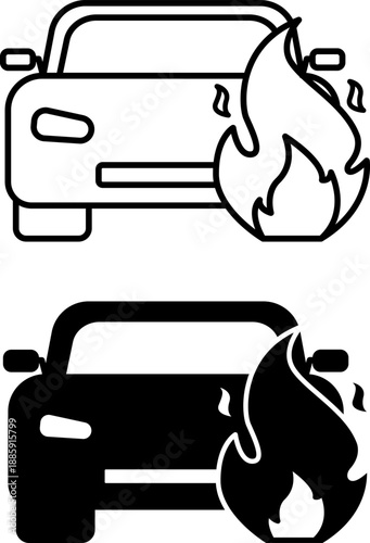 Car Fire Icons. Black and White Vector Illustrations. Flames on a Car. Emergency, Vehicle Fire. Firefighter Concept
