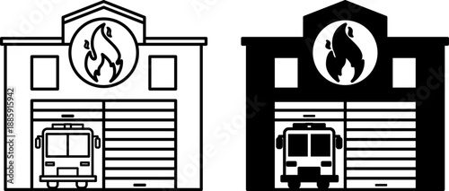 Fire Station Icons. Black and White Vector Illustrations. Building for Housing a Fire Truck, Equipment, and Personnel. Firefighter Concept