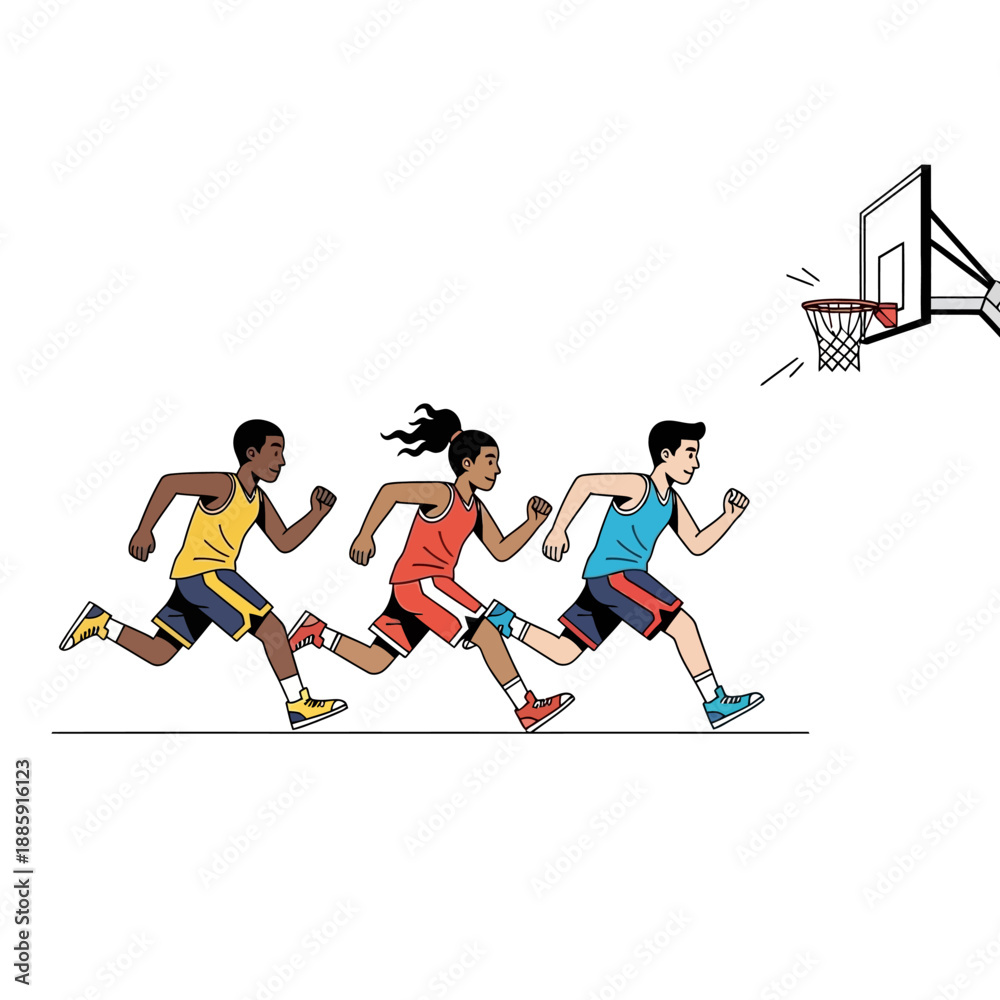 Fototapeta premium Diverse Kids Running Towards Basketball Hoop, Team Sports Concept