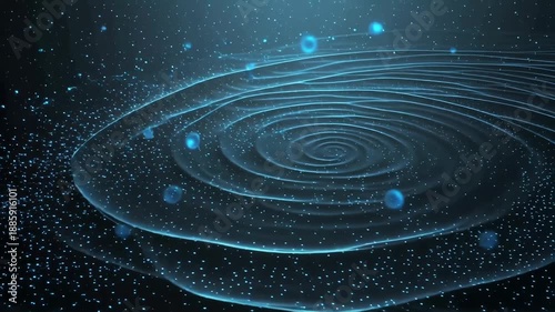 Abstract swirling galaxy with glowing particles and celestial bodies in deep space.