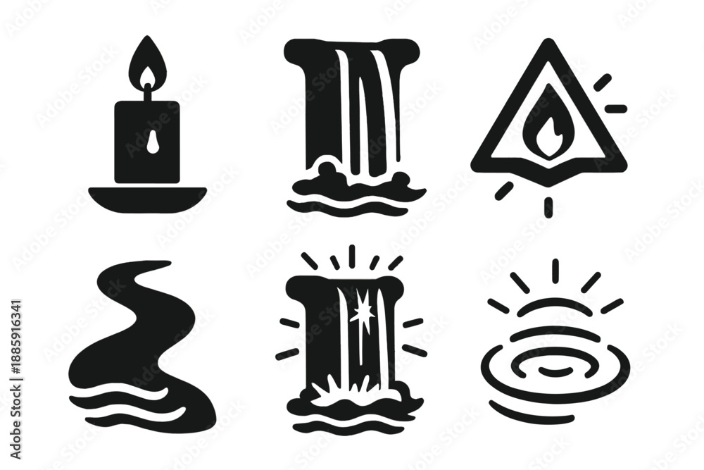 Fototapeta premium Glowing Nature Icons. Solid style icons of luminous nature in : candle, waterfall, prism flame, glowing stream, radiant cascade,