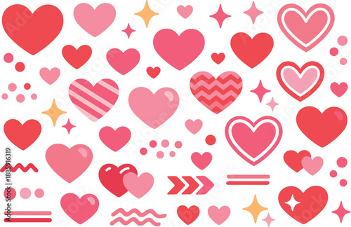 Heart Pattern Extravaganza. Seamless heart pattern covers the surface with small dots, sparkles, stripes, and chevrons scattered