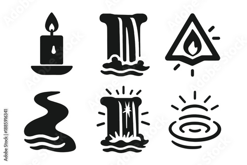 Glowing Nature Icons. Solid style icons of luminous nature in : candle, waterfall, prism flame, glowing stream, radiant cascade,