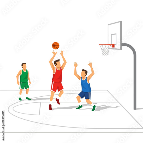 Basketball players shooting and defending on court, flat style illustration