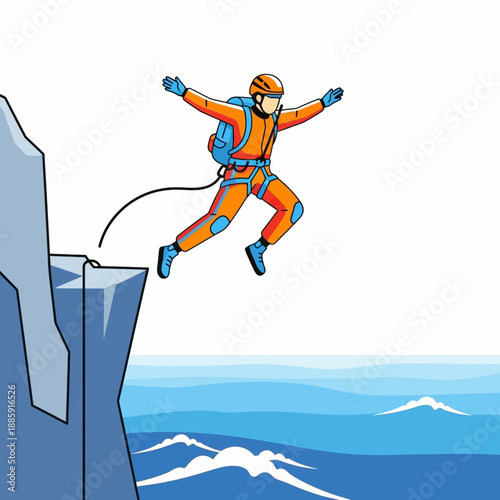 Bungee Jumper Leaping Off Cliff Edge Above Ocean Waves