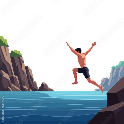 Man cliff jumping into blue ocean water, summer adventure, extreme sport
