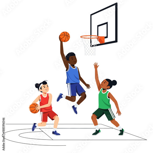 Young diverse kids playing basketball, scoring a slam dunk shot on court.