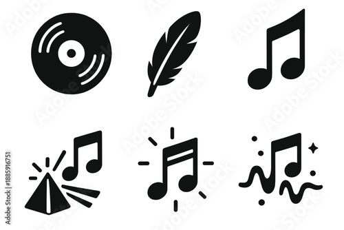 Whimsical Music Icons. Solid style icons of whimsical music in : vinyl record, feather, prism note, glowing chord, radiant melody,