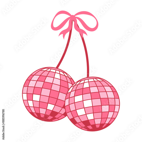 Sparkling pink disco cherries with bow. Coquette cherry disco ball with bow illustration.