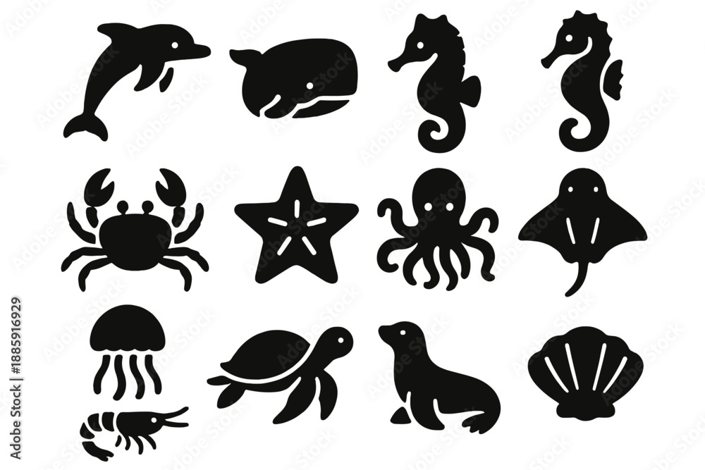 Obraz premium Marine Wildlife Icons. Solid style icons of ocean wildlife: dolphin whale, seahorse crab, starfish octopus, jellyfish turtle,