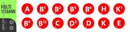 Set of Multi Vitamin complex icons. Multivitamin supplement. Vitamin A, B group B1, B2, B3, B5, B6, B9, B12, C, D, D3, E, K, H, K1, PP. Essential vitamin complex. Healthy life concept