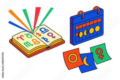 Astrological Planner Elements. Isometric vector illustration set Astrological Symbols for Daily Planning: planner notebook