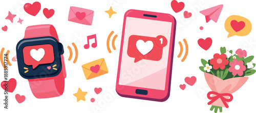 Love Message Alerts. Smartwatch and phone show new love message alerts with heart icons, vibration waves, and a small bouquet on