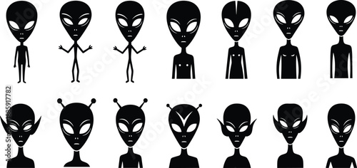 Alien silhouettes, black icons, extraterrestrial figures, sci-fi characters, vector illustration, humanoid aliens, fantasy design, graphic concept, space theme, unique style