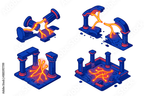 Luminous Neural Ruins. Isometric vector illustration set Architectural Ruins as Neural Pathways: fallen columns with luminous