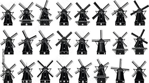 Black and white silhouettes of 24 traditional windmills, diverse architectural vector designs for rural landscape, vintage history, agriculture, and decoration