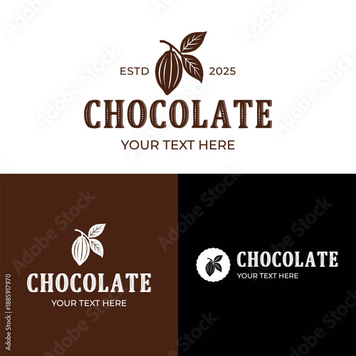 Cocoa Bean Logo Vector Flat Design on White, Brown and Black Backgrounds. Organic Chocolate Branding.