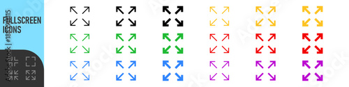 Expand and fullscreen arrow icons showing arrows pointing outward in editable stroke, outline, and solid styles for resize, zoom, and UI controls